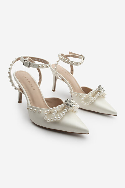Marjin Women's Stiletto Pointed Toe Pearl and Stone Ankle Strap Heeled Shoes Robis Sedef.