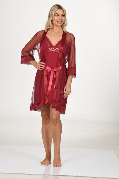 Miss Dünya Lissa Lace Dressing Gown Embroidery Detailed Strappy Nightgown Set