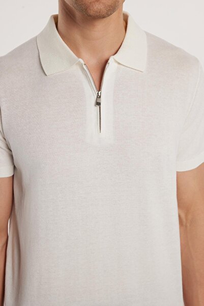 Tudors Ανδρικό Slim Fit Στενό Κόψιμο Μάλλινο Πλεκτό Ζακέτα Με Φερμουάρ Λευκό Πόλο ΓιαΚυρίως T-Shirt