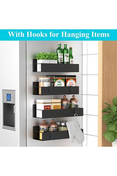 COOYA 4 Pack Moveable Fridge Magnetic Spice Racks,With Hooks,for Refrigerator and Oven,Metal Black
