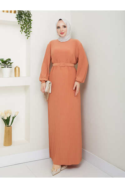 ECK MODA Kadın Pliseli Kemerli Sandy Kumaş Full Likralı Esnek Elbise