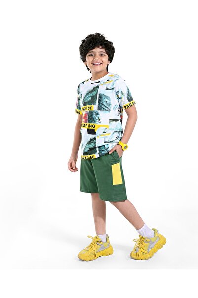 Ollington St. Ollington St. T-Shirt and Shorts Set with Surf Prints - White & Green