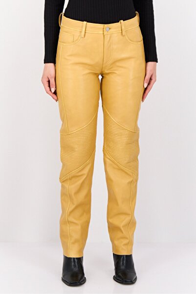 Esprit Women Regular Fit Textured Straight Leg Leather Pants, Mustard