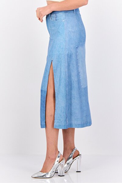 Esprit Women Washed Denim Midi Skirts, Light Blue