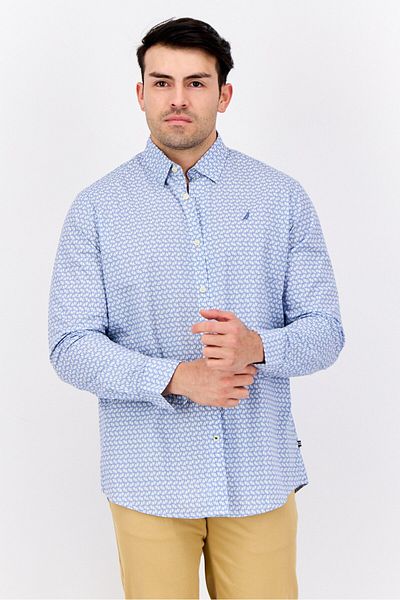 Nautica Men Classic Fit All Over Print Long Sleeve Casual Shirt, White/Blue