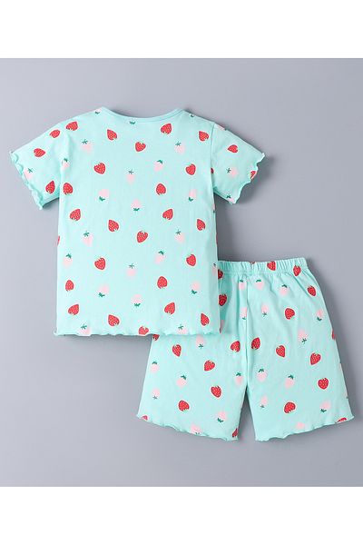 SAPS SAPS 100% Cotton All Over Strawberry Printed Short Sleeves T-Shirt & Shorts Co-ord Set - Mint Green