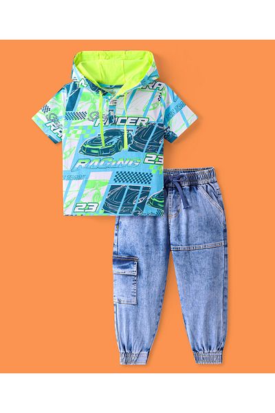 Ollington St. Ollington St. Cotton Knit Half Sleeves Hooded T-Shirt & Denim Pants Set Racing Cars Print-Light Blue