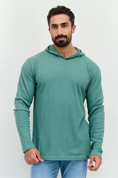 fleece factory Men Textured Long Sleeves Hooded Sweatshirt, Sage Green