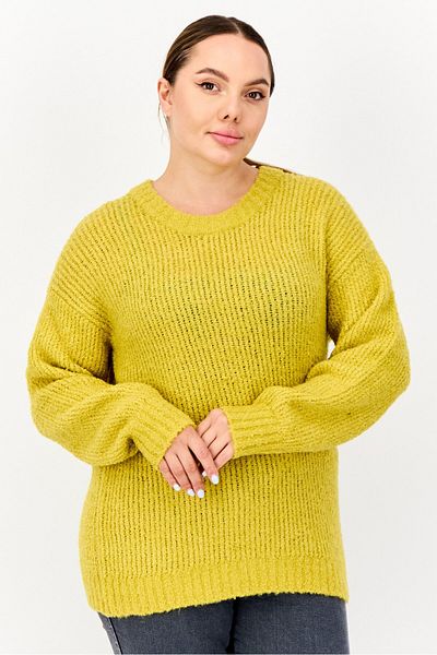 Esprit Women Ribbed Neck Knitted Sweater, Mustard