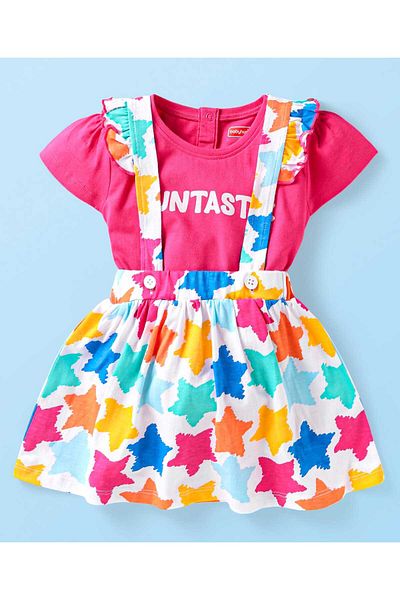 Babyhug Babyhug Single Jersey Top & Skirt Set with Text Star Print - Dark Pink