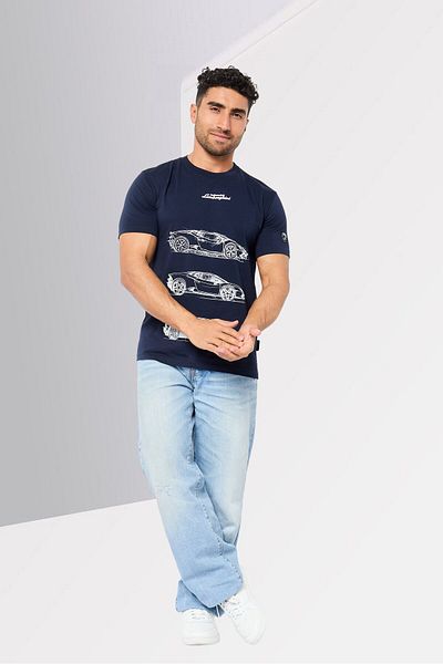 Lamborghini Men Crew Neck Short Sleeve Graphic Print T-Shirts, Navy Blue
