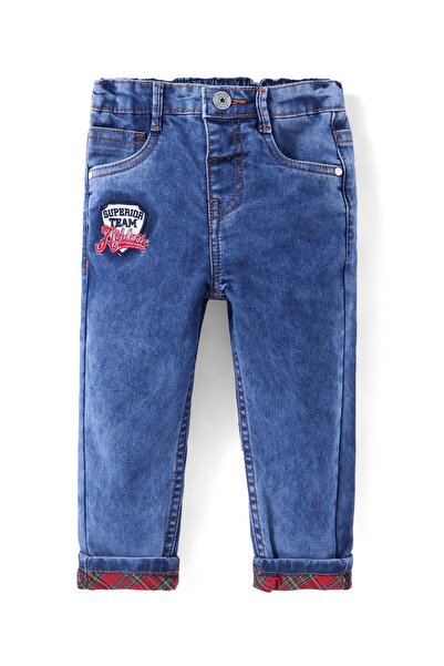 Babyhug Babyhug Denim Full Length Jeans with Stretch Text Applique - Royal Blue