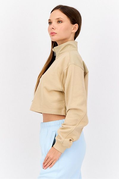 Esprit Women High Neck Solid Long Sleeves Cropped Sweatshirts, Tan