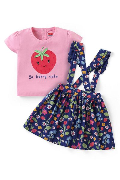 Babyhug Babyhug Cotton Knit Half Sleeves Top & Floral Printed Skirt Set With Strawberry Applique-Pink & Blue