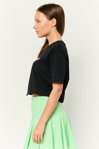 Esprit Women Crew Neck Short Sleeve Embroidered Logo Crop Top, Black