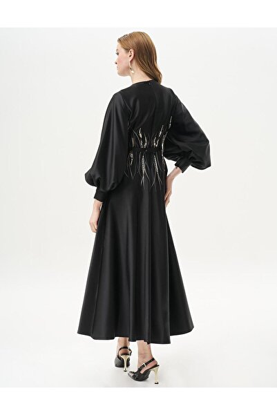 Kayra Black Satin Evening Dress - Stone Embroidered