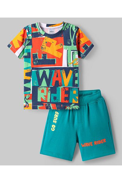 Ollington St. Ollington St. 100% Cotton Knit Half Sleeves T-Shirt & Shorts Set Text Printed - Multicolor