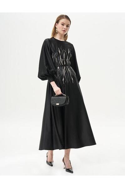Kayra Black Satin Evening Dress - Stone Embroidered