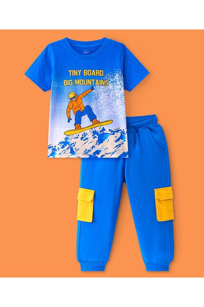 Ollington St. Ollington St. 100% Cotton Knit Half Sleeves Ski Theme T-Shirt & Joggers Set - Blue