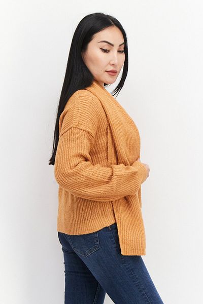 Who What Wear Women V-neck Knitted Sweater With Scarf, Dark Orange