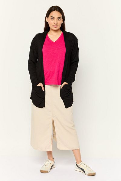 PİNK ROSE Women Split Neck Stripe Cardigans, Black