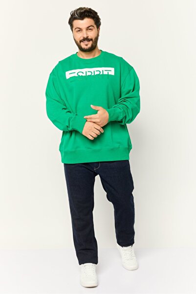 Esprit Men Ribbed Collar Brand Logo Long Sleeves Sweatshirt, Green