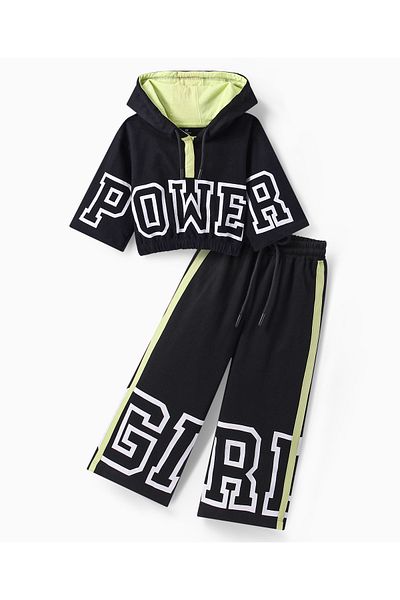 Ollington St. Ollington St. 100% Cotton Co-Ord Set of Half Sleeves Hoodie & Culotte With Print - Black