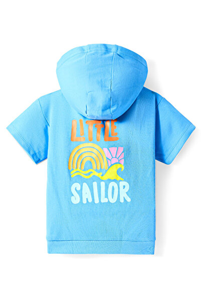 Bonfino Bonfino 100% Cotton Hooded Oversized T-Shirt & Shorts Set with Front & Back Beach Theme Print - Blue