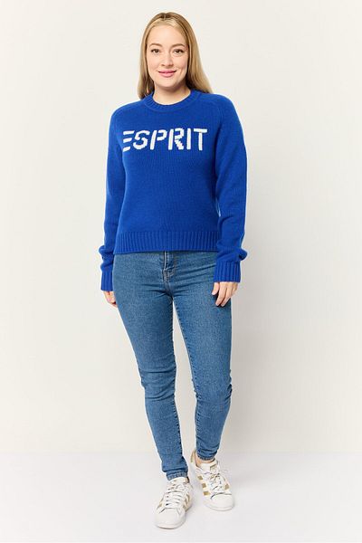 Esprit Women Ribbed Collar Long Sleeves Brand Logo Sweaters, Dark Blue