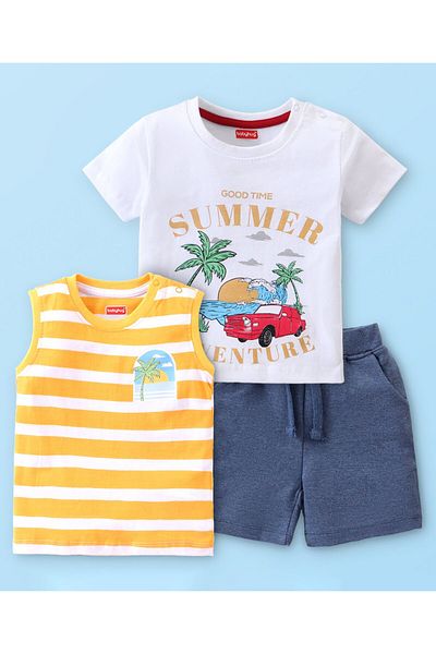 Babyhug Single Jersey Knit Half Sleeves T-Shirts & Shorts Set Beach Theme Print-White Yellow & Blue