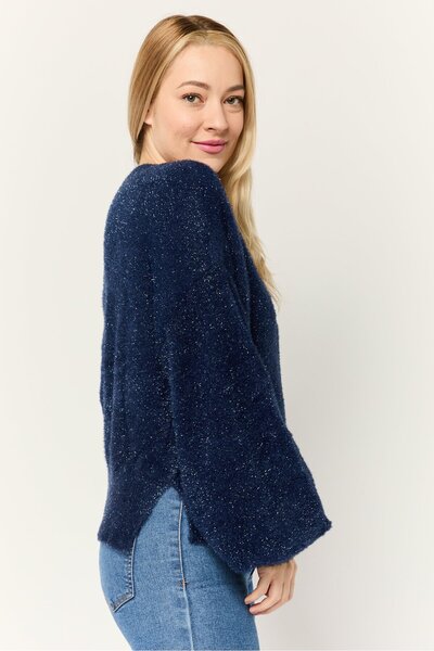 Esprit Women Boat Neck Long Sleeves Metallic Sweaters, Navy