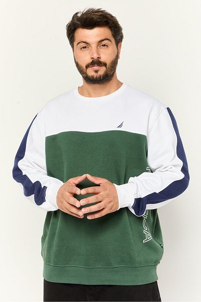 Nautica Men Crew Neck Solid Long Sleeves Sweatshirt, White/green