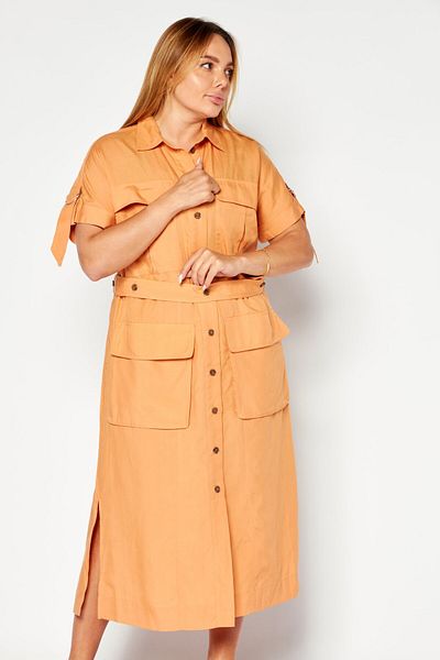 Esprit Women Plain Belted Midi Dress, Orange