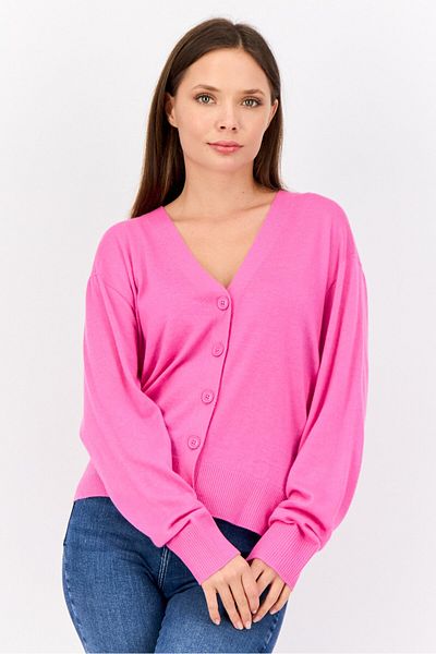 Esprit Women Solid Through Button Detail Cardigan, Dark Pink