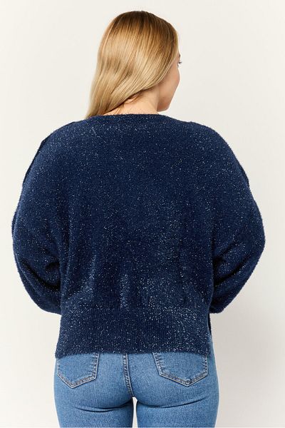 Esprit Women Boat Neck Long Sleeves Metallic Sweaters, Navy