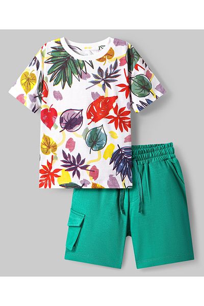 Ollington St. Ollington St. Cotton Knit Half Sleeves Leaf Printed T-Shirt & Shorts - White & Green