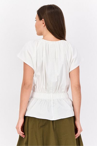 Esprit Women Ruffle Neck Cap Sleeve Ribbed Top, Off White