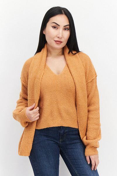 Who What Wear Women V-neck Knitted Sweater With Scarf, Dark Orange