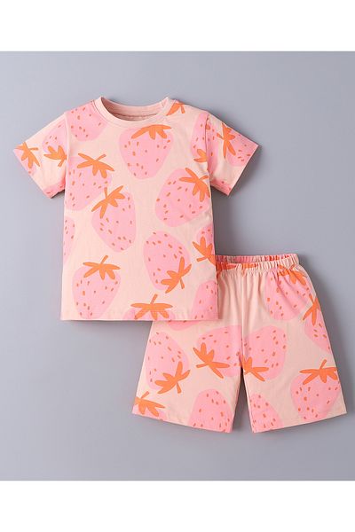 SAPS SAPS 100% Cotton All Over Strawberry Printed Short Sleeves T-Shirt & Shorts Co-ord Set - Peach