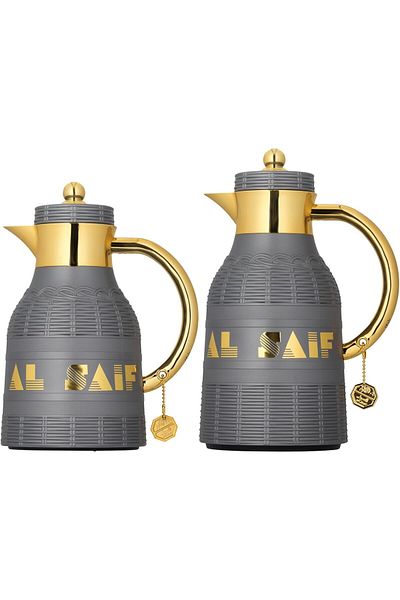 ALSAIF Coffee And Tea Vaccum Flask Set In Grey/gold / Leak-proof And Keeps Drinks Hot 1.0/0.7 Liter
