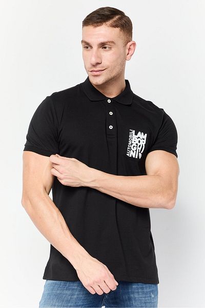 Lamborghini Men Regular Fit Brand Logo Short Sleeves Polo Shirt, Black