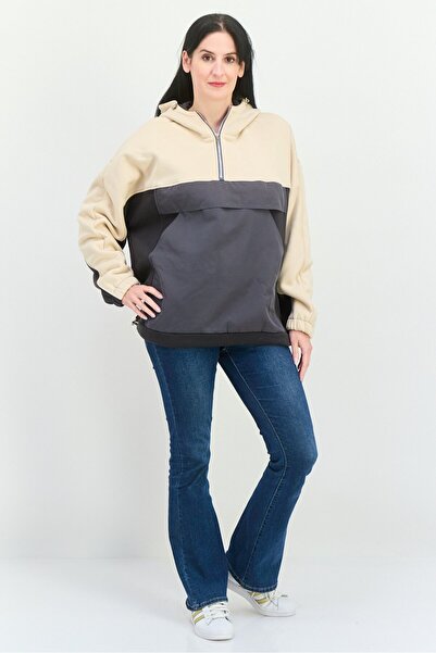 Steve Madden Women Hooded Long Sleeve Colorblock Sweatshirts, Beige