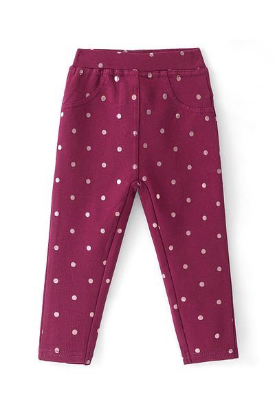 Babyhug Babyhug French Terry Knit Full Length Stretchable Jeggings with Polka Dot Print - Maroon