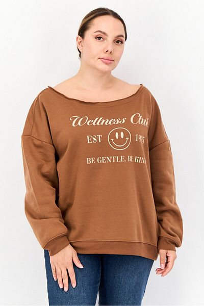No Comment Women Boat Neck Graphic Print Long Sleeves Sweatshirt, Brown