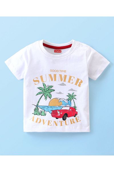 Babyhug Single Jersey Knit Half Sleeves T-Shirts & Shorts Set Beach Theme Print-White Yellow & Blue