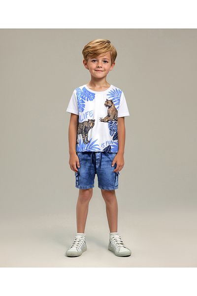 Ollington St. Ollington St. Cotton Knit Half Sleeves Jungle Print T-Shirt & Denim Shorts Set - White & Blue