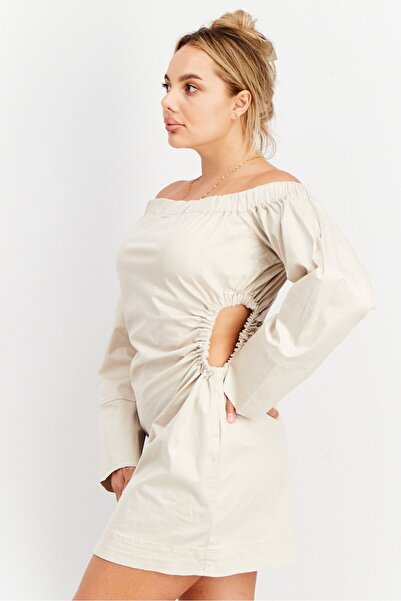 NA-KD Women Slip Off Shoulder Cut Out Mini Dress, Beige