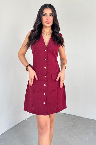 Cappmoda ELB-01768 Μπορντό χρυσό κουμπί Λεπτομερές φόρεμα με μηδενικό μανίκι