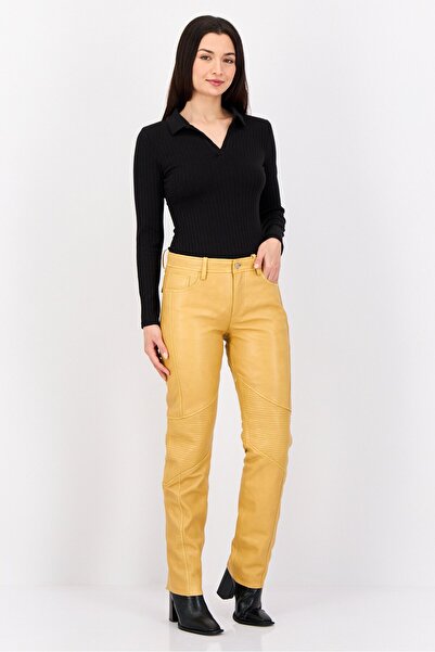 Esprit Women Regular Fit Textured Straight Leg Leather Pants, Mustard