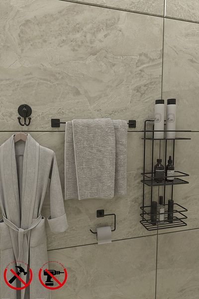Alper Banyo TŞ03SETİ Ανοξείδωτη αυτοκόλλητη γωνιακή κρεμάστρα μπάνιου, θήκη σαμπουάν Air.Tuvlt.ρόμπα